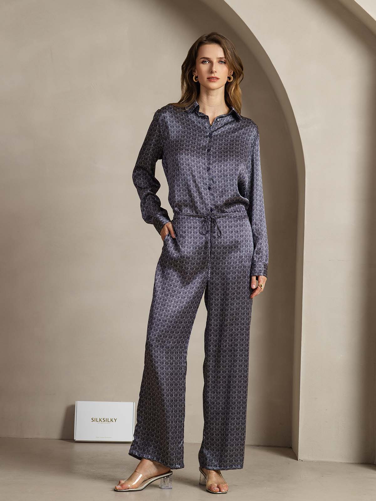 [Marine Ginkgo] SilkSilky-DK 19Momme Silke Womens Pants 004