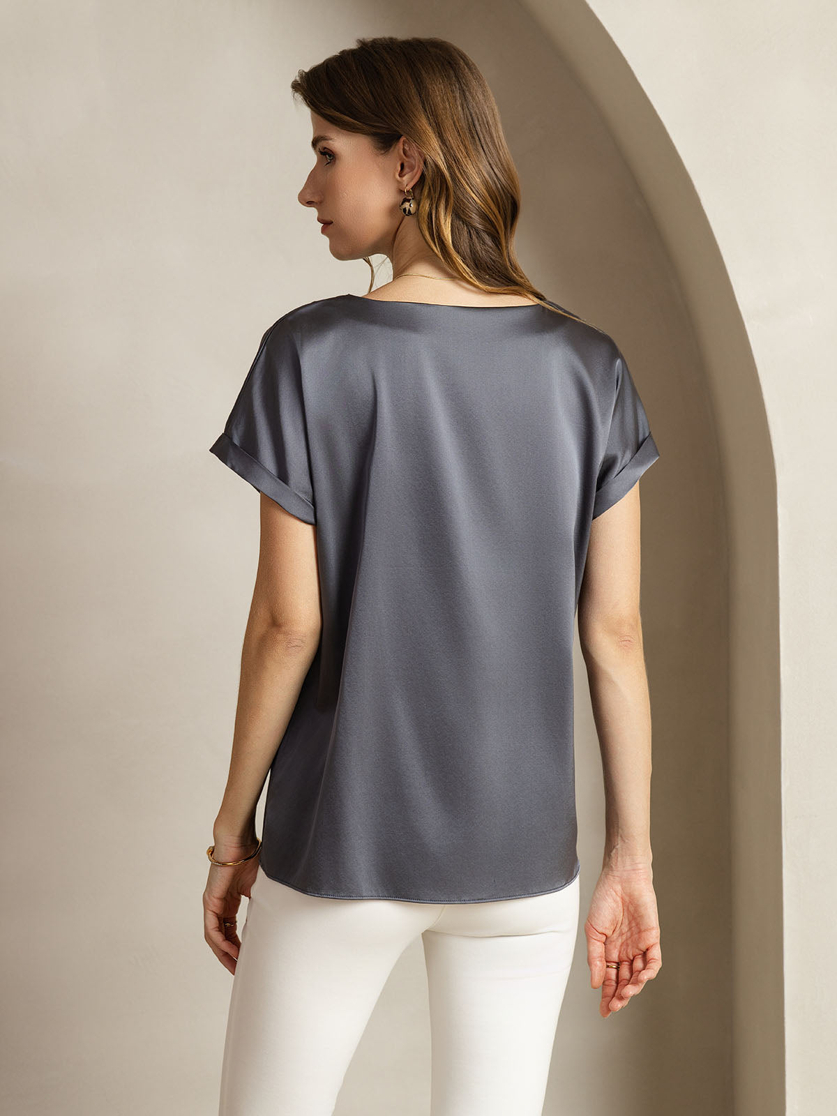 [Mørkegrå] SilkSilky-DK 19Momme Silke Womens T-Shirt 002