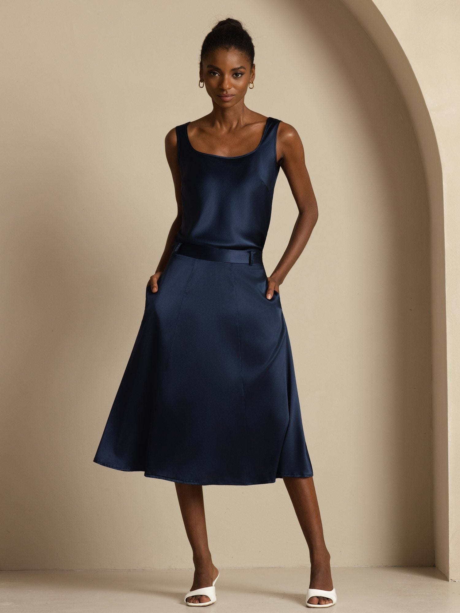 [Mørkeblå] SilkSilky-DK 19Momme Silke Skirt 006