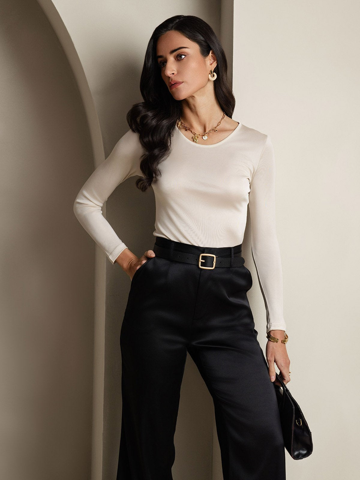 [Beige] SilkSilky-DK Langærmet Rund Hals T-shirt til kvinder 006