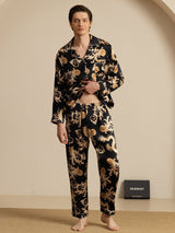 [Sort Drage] SilkSilky-DK Long Sleeve Notch Collar Pyjamas til Mænd 007