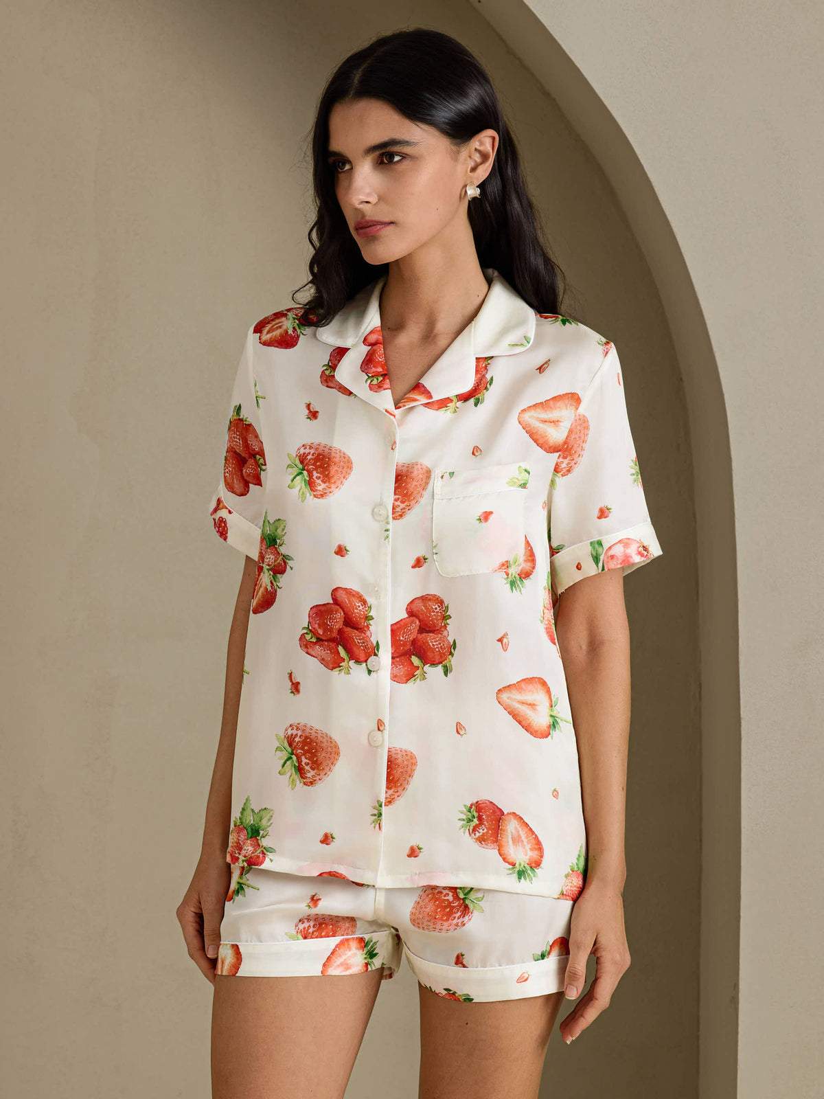 [Hvidt Jordbær] SilkSilky-DK Short Sleeve Notch Collar Dame Pyjamas 001
