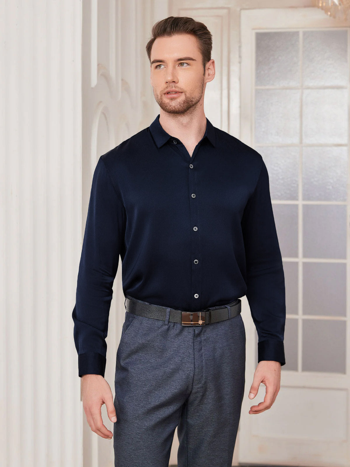 [Mørkeblå] SilkSilky-DK Silke Mens Shirt 003