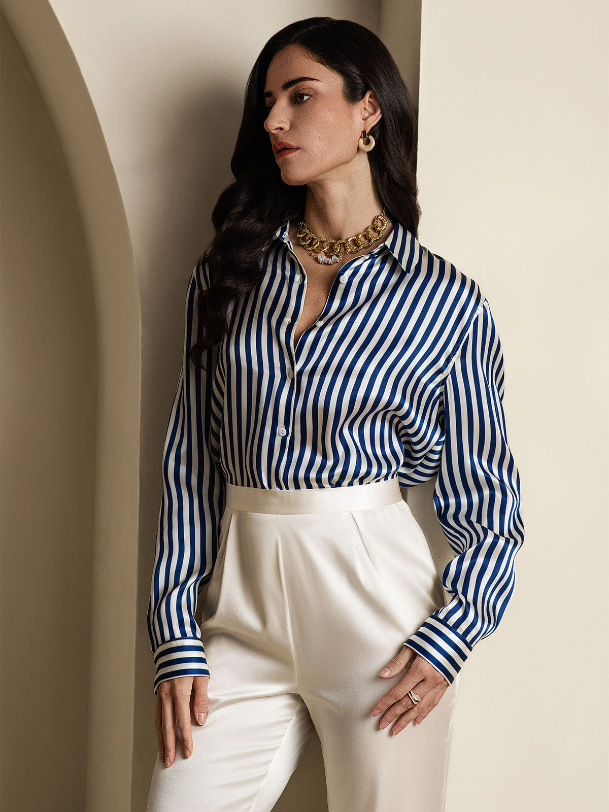 [Blå] SilkSilky-DK Silke Long Sleeve Collar Dameskjorte 006