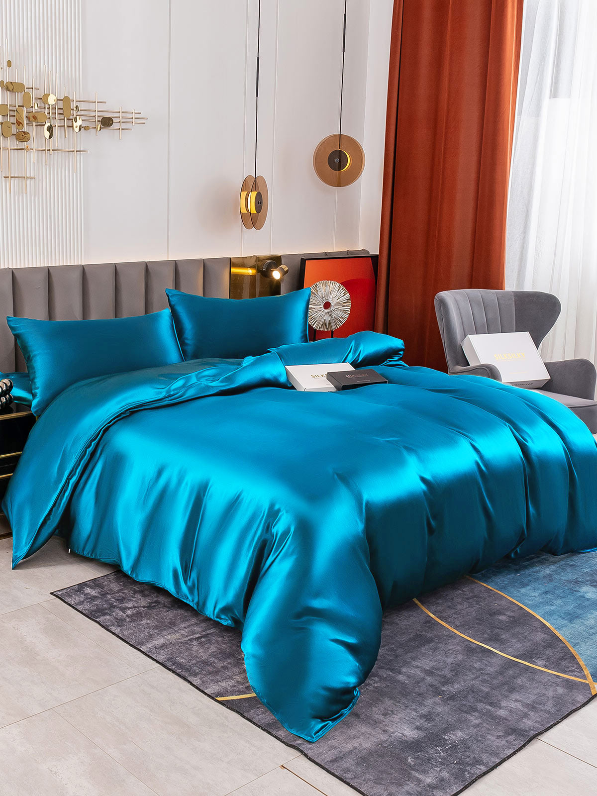 [Blågrøn] SilkSilky-DK 19Momme Bedding Set 003
