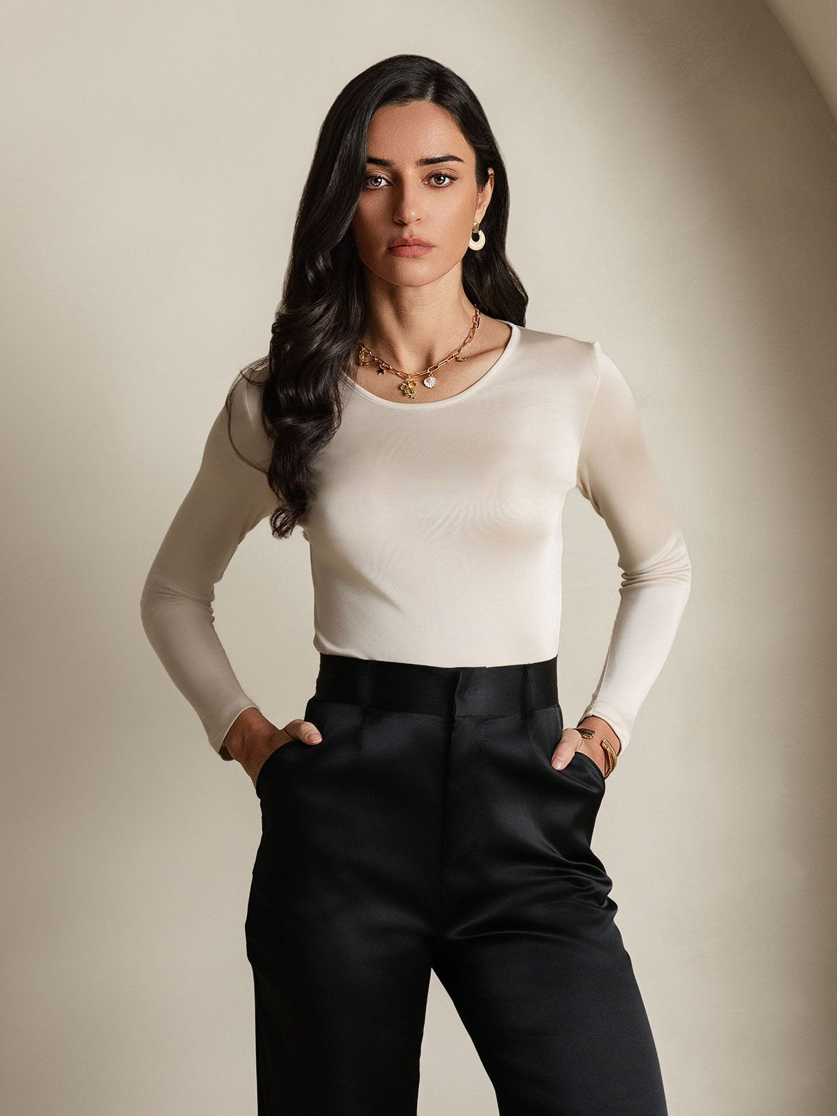 [Beige] SilkSilky-DK Langærmet Rund Hals T-shirt til kvinder 004