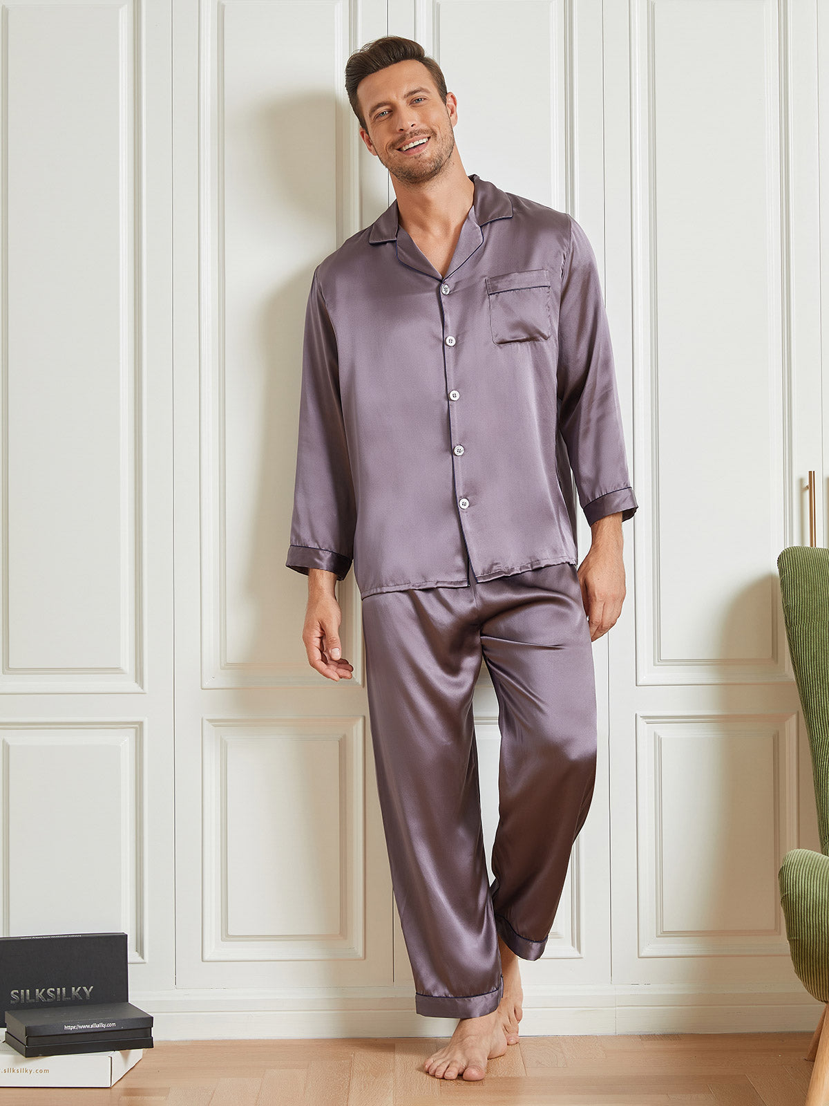 [Lilla Grå] SilkSilky-DK 19Momme Mens Pajamas 003