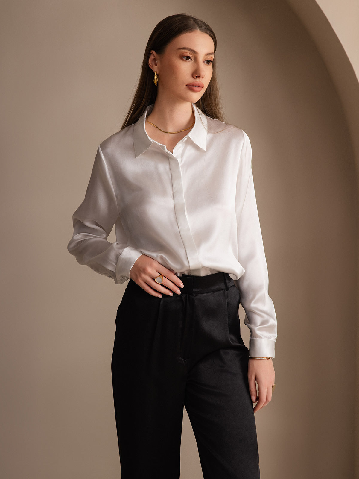 [Hvid] SilkSilky-DK 19Momme Silke Womens Shirt 001