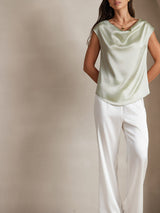 [Lysegrøn] SilkSilky-DK Cap Sleeve Cowl Neck T-shirt til kvinder 004