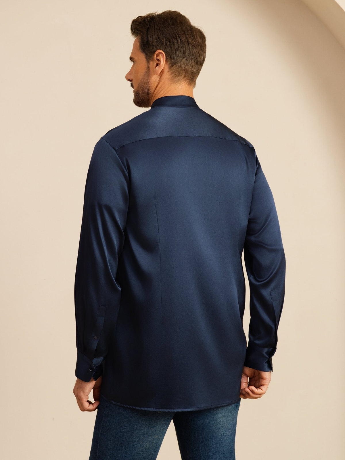 [Mørkeblå] SilkSilky-DK Long Sleeve Stand Collar Herreskjorte 002