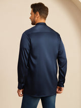 [Mørkeblå] SilkSilky-DK Long Sleeve Stand Collar Herreskjorte 002