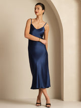 [Mørkeblå] SilkSilky-DK Sleeveless V Neck Kjole 001