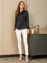 [Sort] SilkSilky-DK Long Sleeve Lapel Collar Dameskjorte 005
