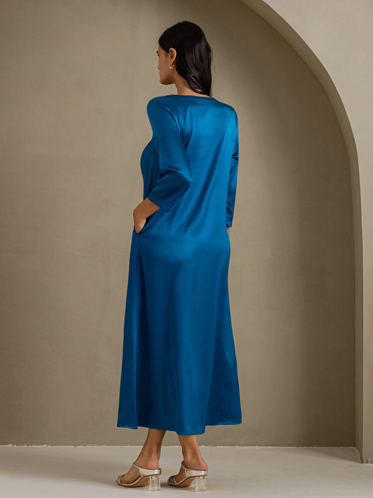 [Blågrøn] SilkSilky-DK 3/4 Sleeve Round Neck Kjole 002
