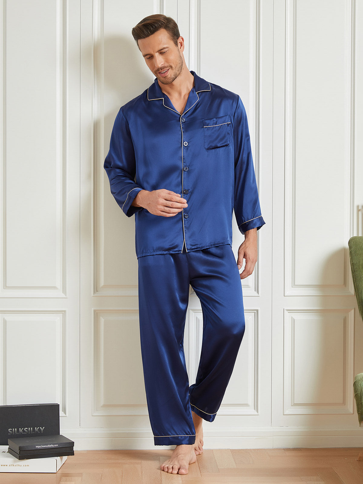 [Mørkeblå] SilkSilky-DK 19Momme Mens Pajamas 005