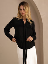 [Sort] SilkSilky-DK Long Sleeve Tie Neck Damebluser 002