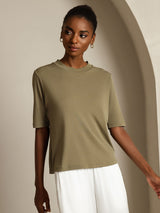 [Brændt Oliven] SilkSilky-DK Half Sleeve Crew Neck T-shirt til kvinder 007