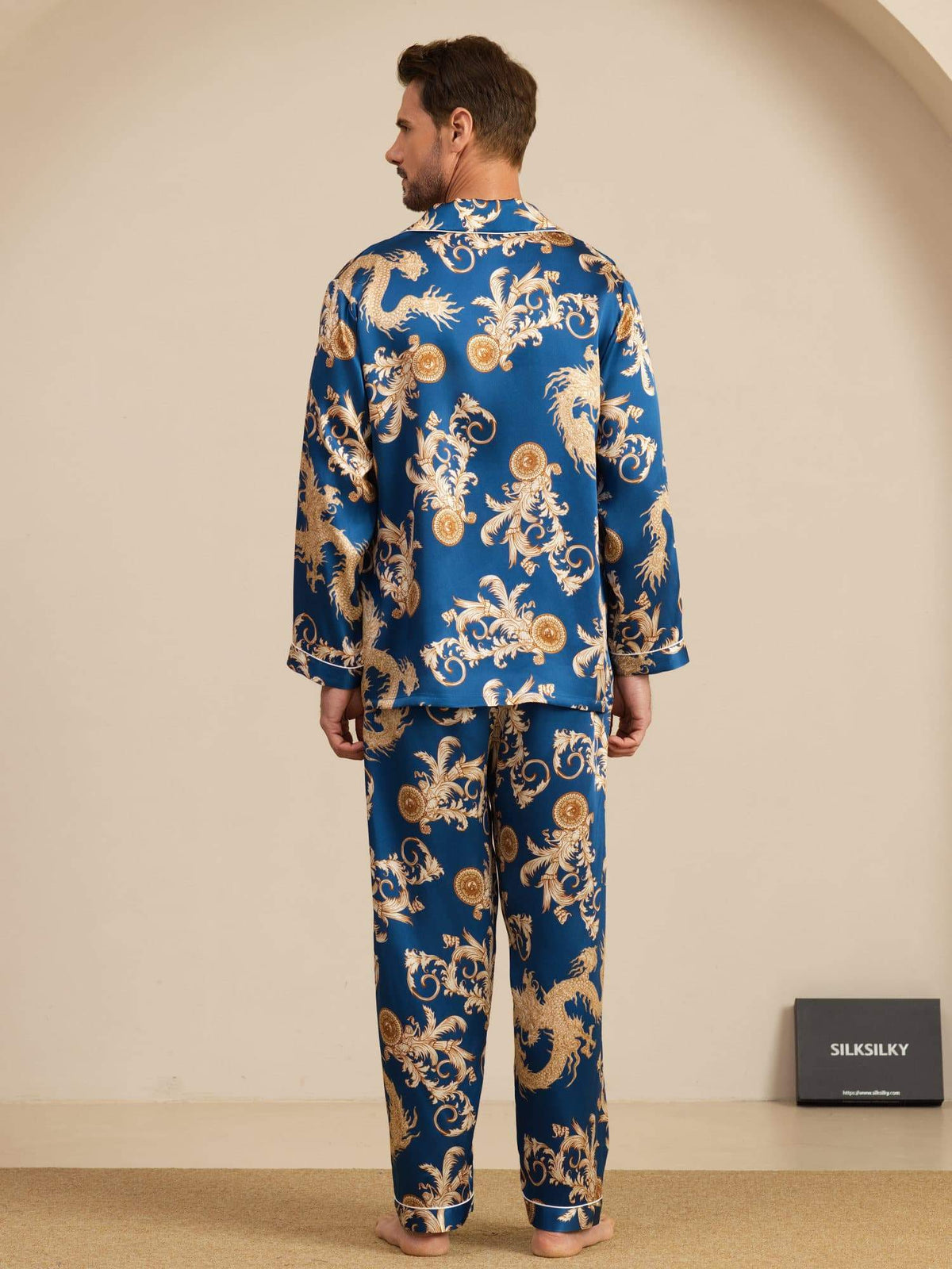 [Navy Drage] SilkSilky-DK Long Sleeve Lapel Collar Pyjamas til Mænd 002
