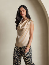 [Champagne] SilkSilky-DK Cap Sleeve Cowl Neck T-shirt til kvinder 005