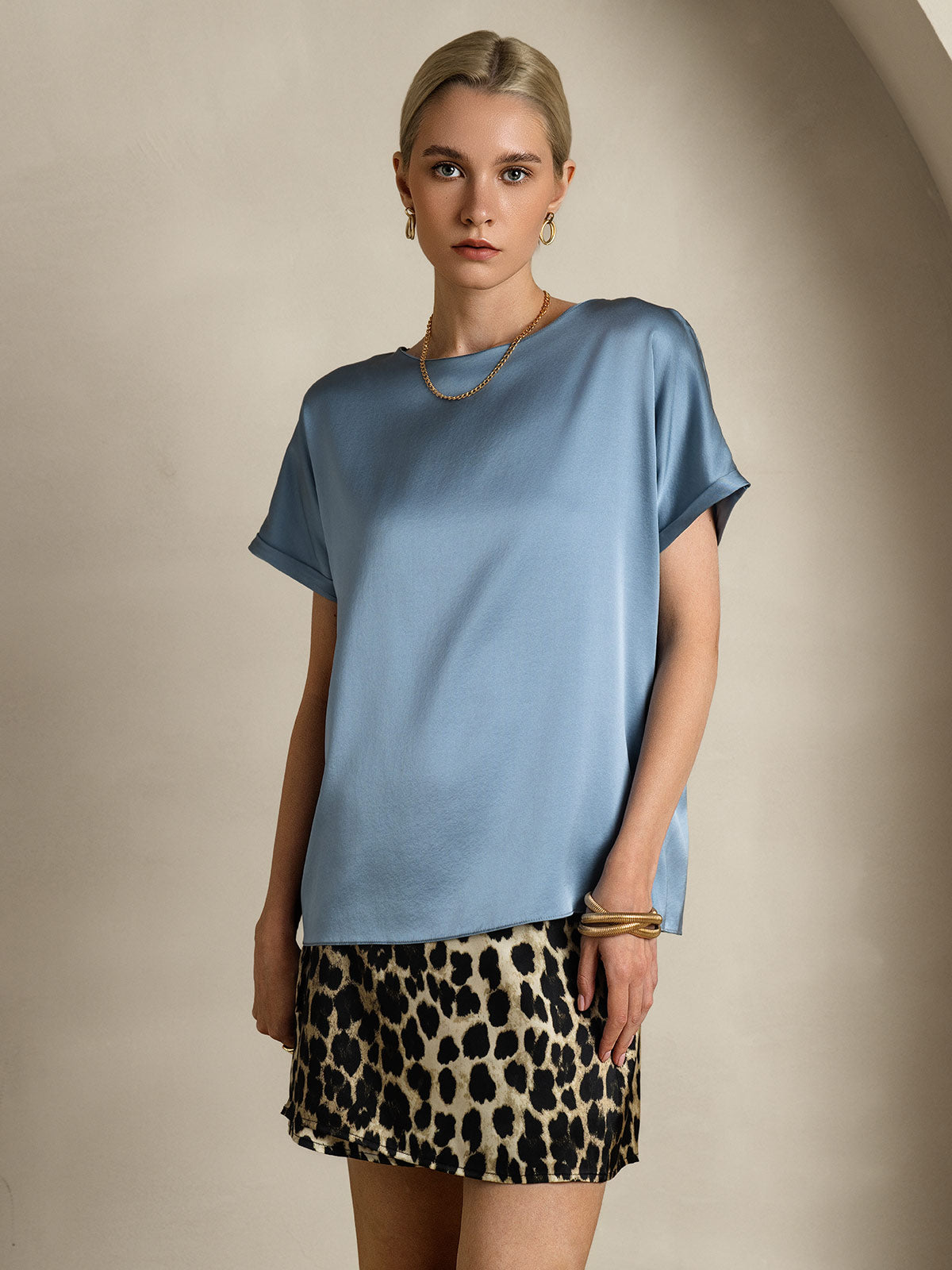 [Gråblå] SilkSilky-DK 19Momme Silke Short Sleeve Round Neck T-shirt til kvinder 003