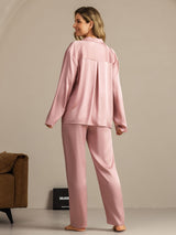 [Ferskenhud] SilkSilky-DK 19Momme Langærmet Notchkrage Dame Pyjamas 002