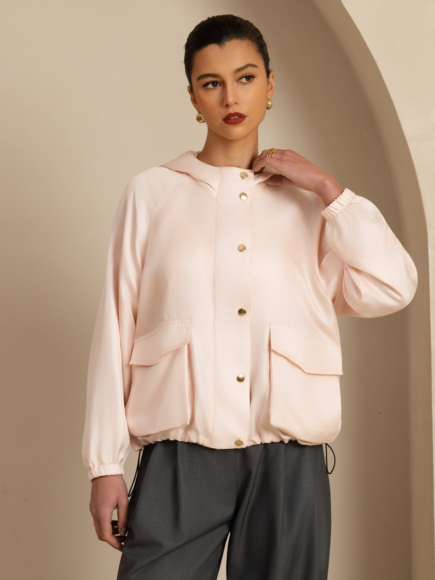 [Lyserød] SilkSilky-DK Langærmet Høj Hals Overtøj til Kvinder 003