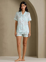 [Himmelblå Blomster] SilkSilky-DK Short Sleeve Notch Collar Dame Pyjamas 007