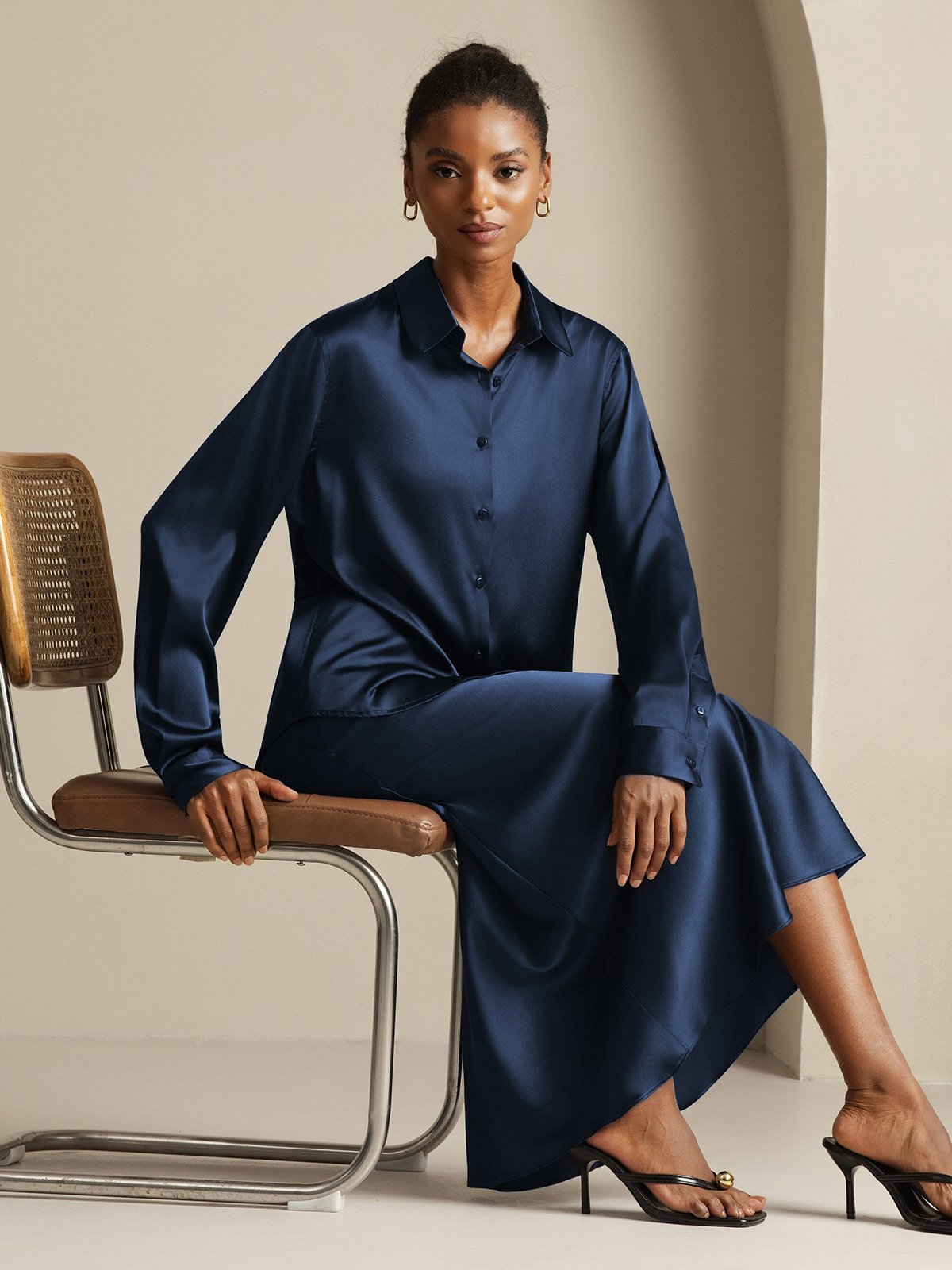 [Mørkeblå] SilkSilky-DK 19Momme Silke Womens Outfit Sets 001,