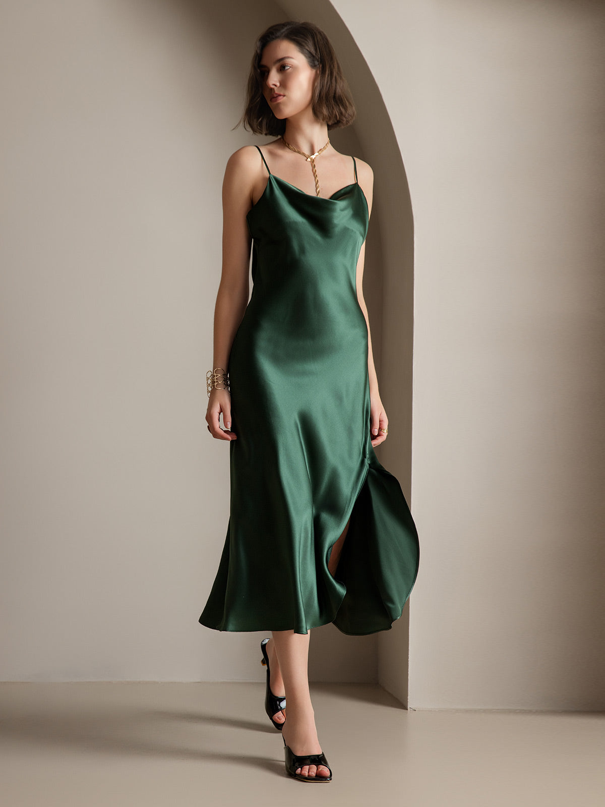 [Mørkegrøn] SilkSilky-DK 19Momme Dress 001