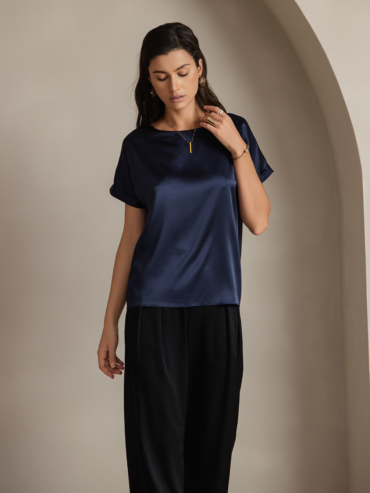[Mørkeblå] SilkSilky-DK 19Momme Silke Short Sleeve Round Neck T-shirt til kvinder 003