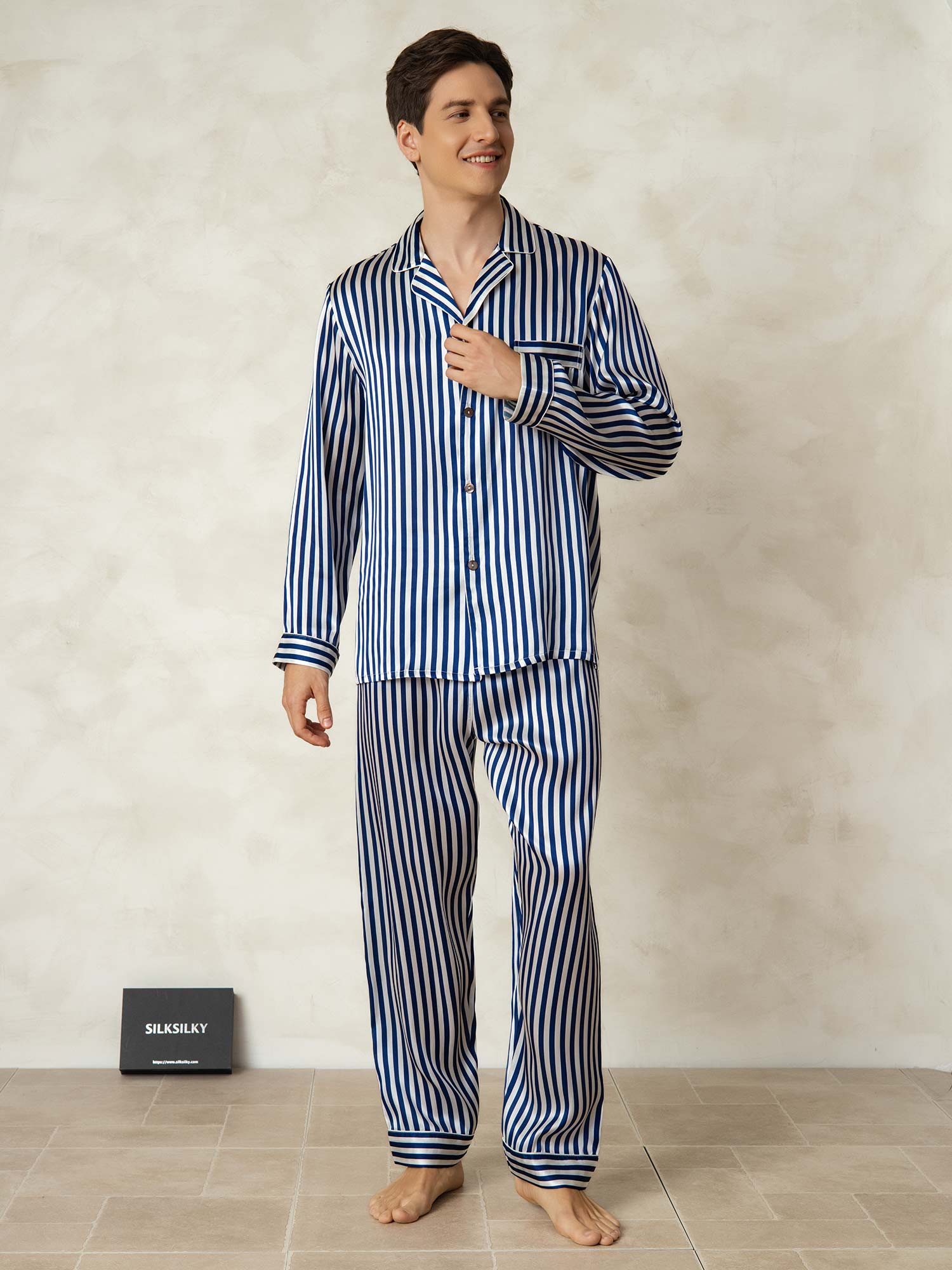 [Marine Stribe] SilkSilky-DK 19Momme Mens Pajamas 007