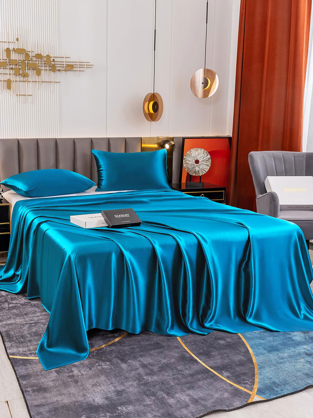 [Blågrøn] SilkSilky-DK 19Momme Bedding Set 003