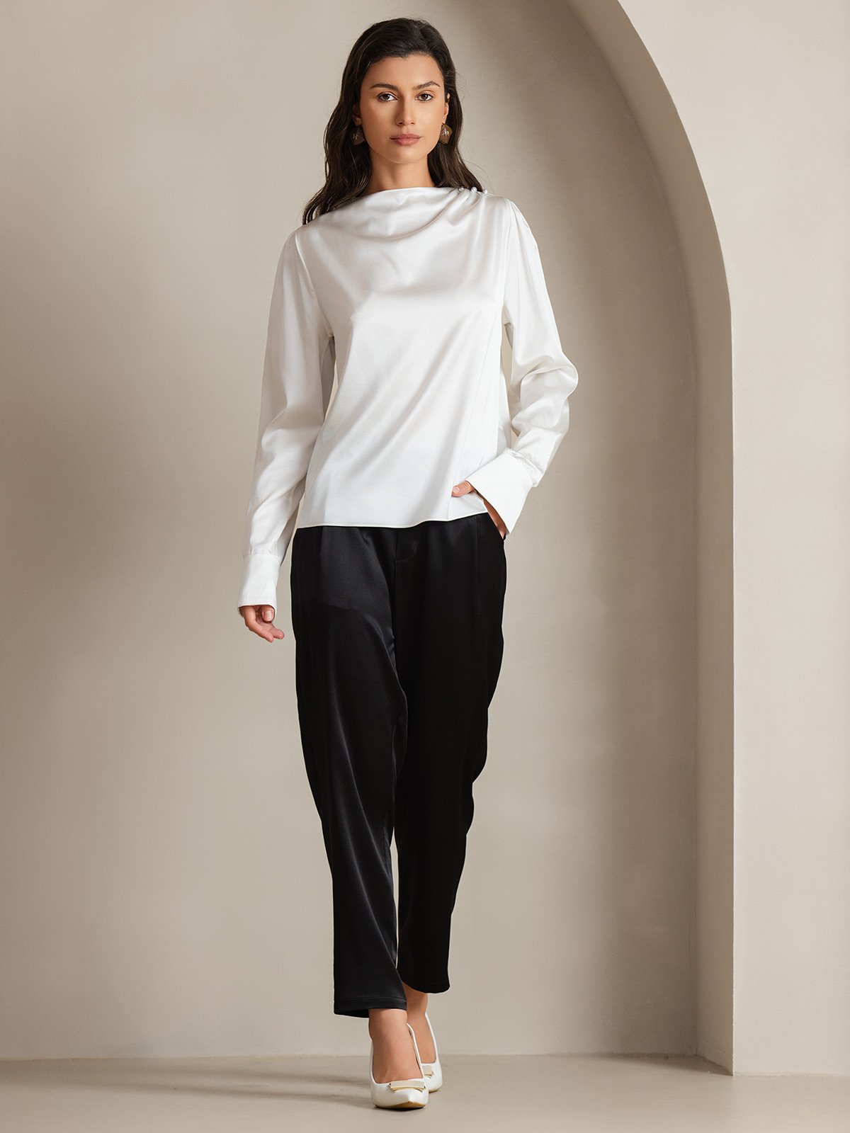 [Hvid] SilkSilky-DK 19Momme Silke Womens Shirt 007