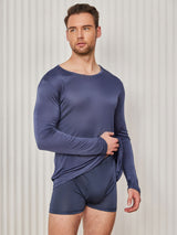 [Mørkeblå] SilkSilky-DK Long Sleeve Round Neck Herre T-shirt 003