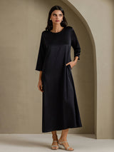 [Sort] SilkSilky-DK 3/4 Sleeve Round Neck Kjole 001
