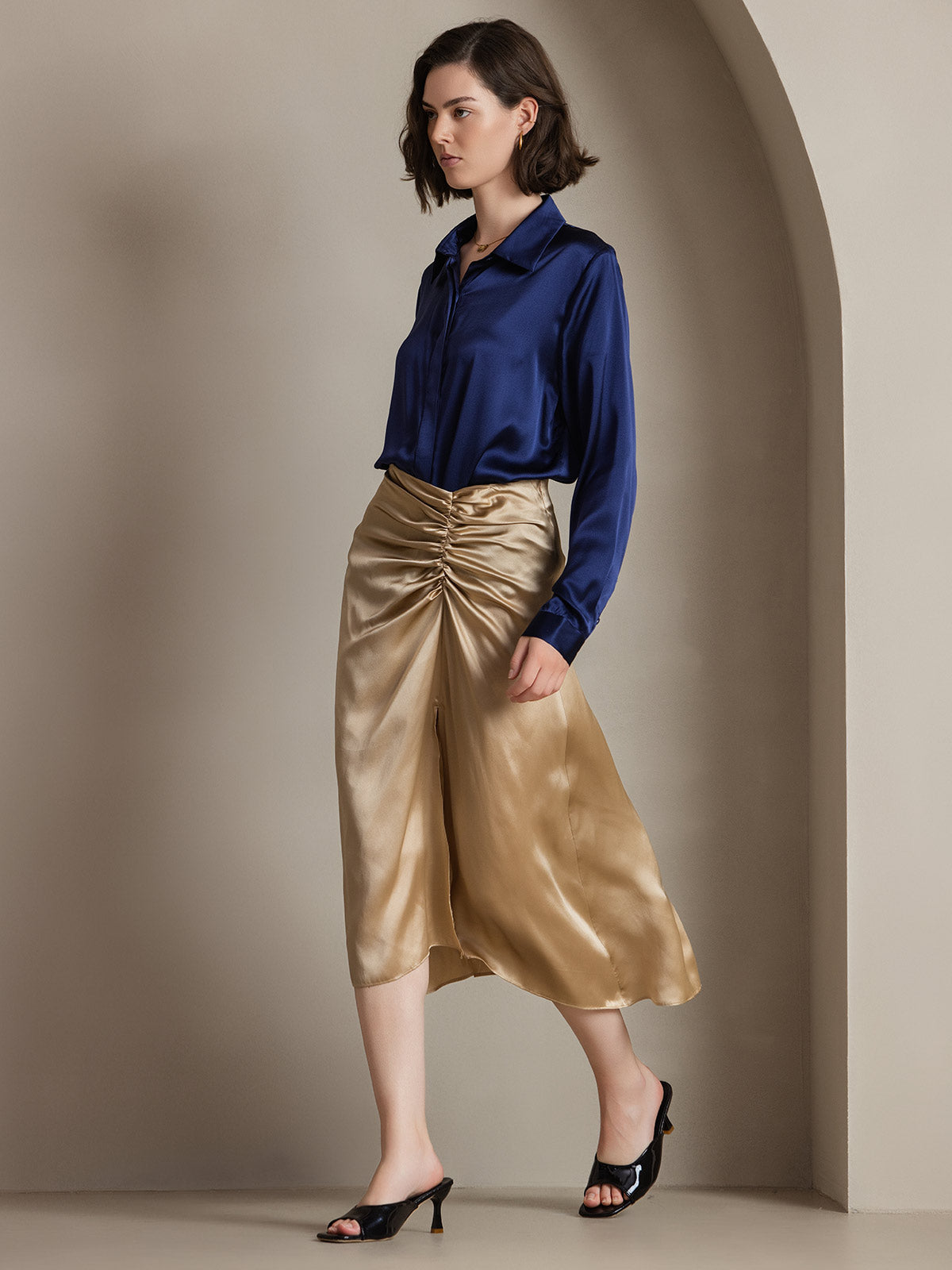 [Mørkeblå] SilkSilky-DK 19Momme Silke Womens Shirt 005