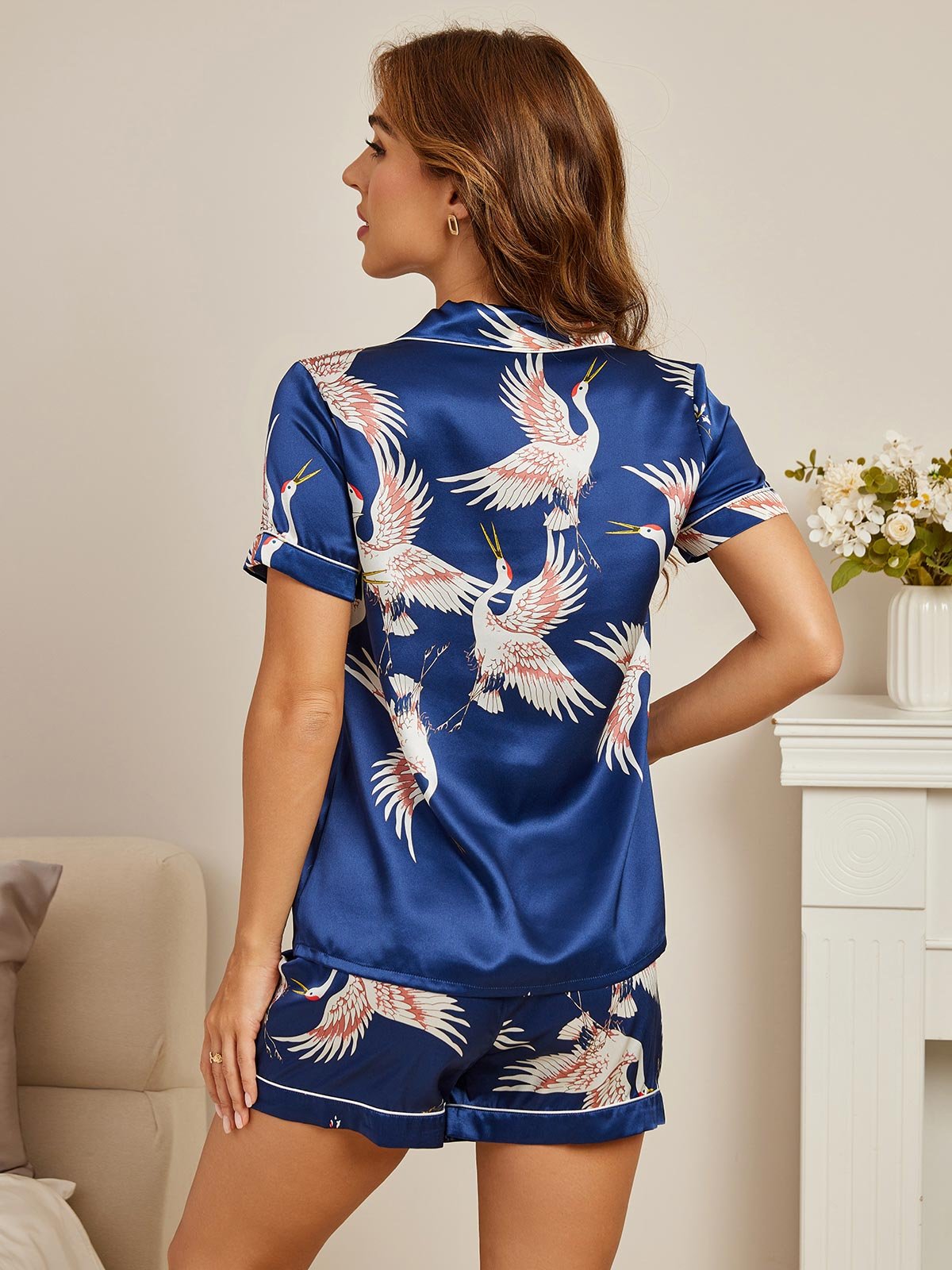 [Mørkeblå] SilkSilky-DK 19Momme Kort ærme Notchkrage Dame Pyjamas 002
