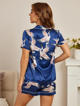 [Mørkeblå] SilkSilky-DK 19Momme Kort ærme Notchkrage Dame Pyjamas 002