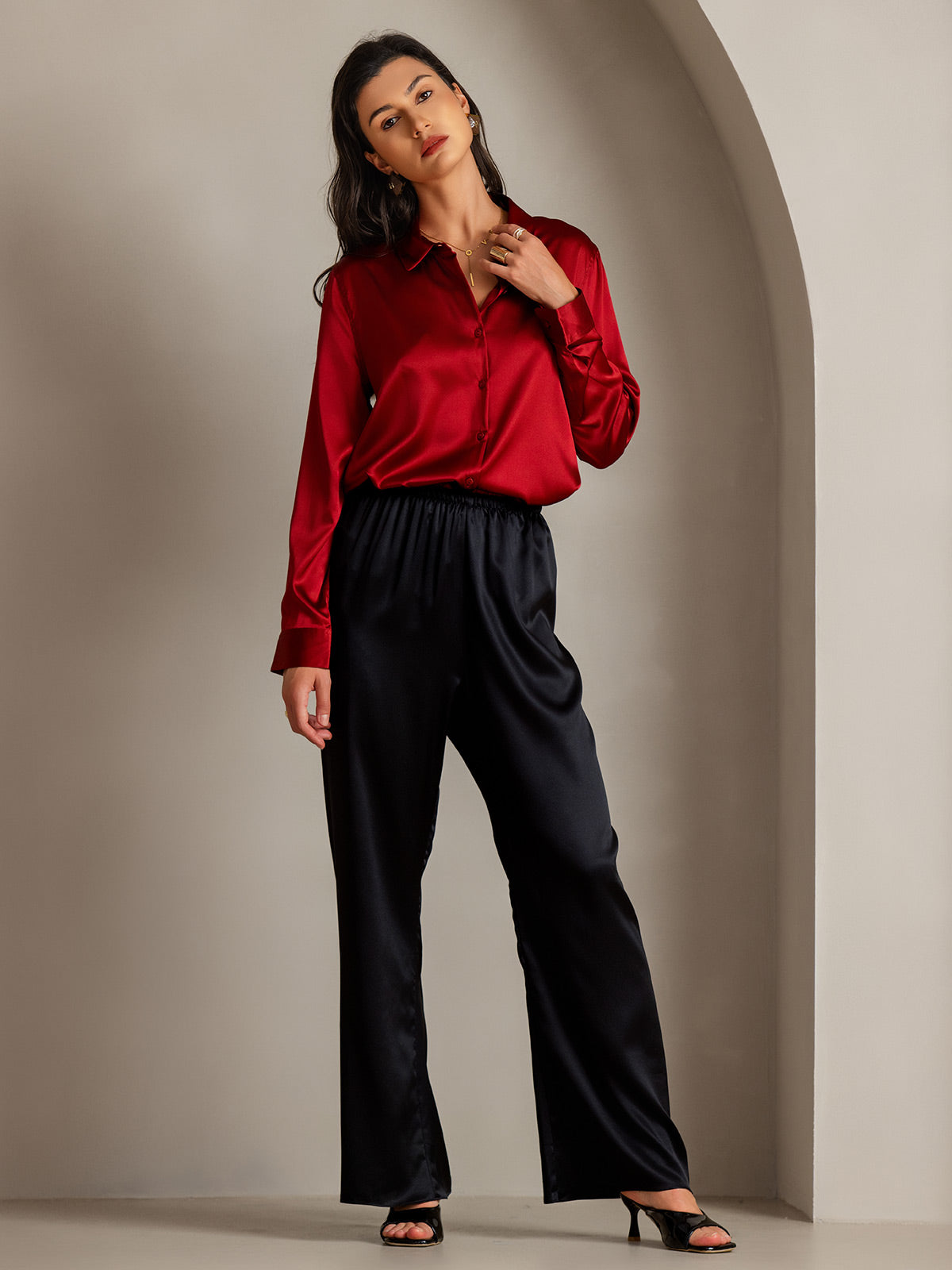 [Rød] SilkSilky-DK Silke Long Sleeve Collar Dameskjorte 005
