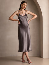 [Mørk Kaki] SilkSilky-DK Sleeveless V Neck Kjole 001