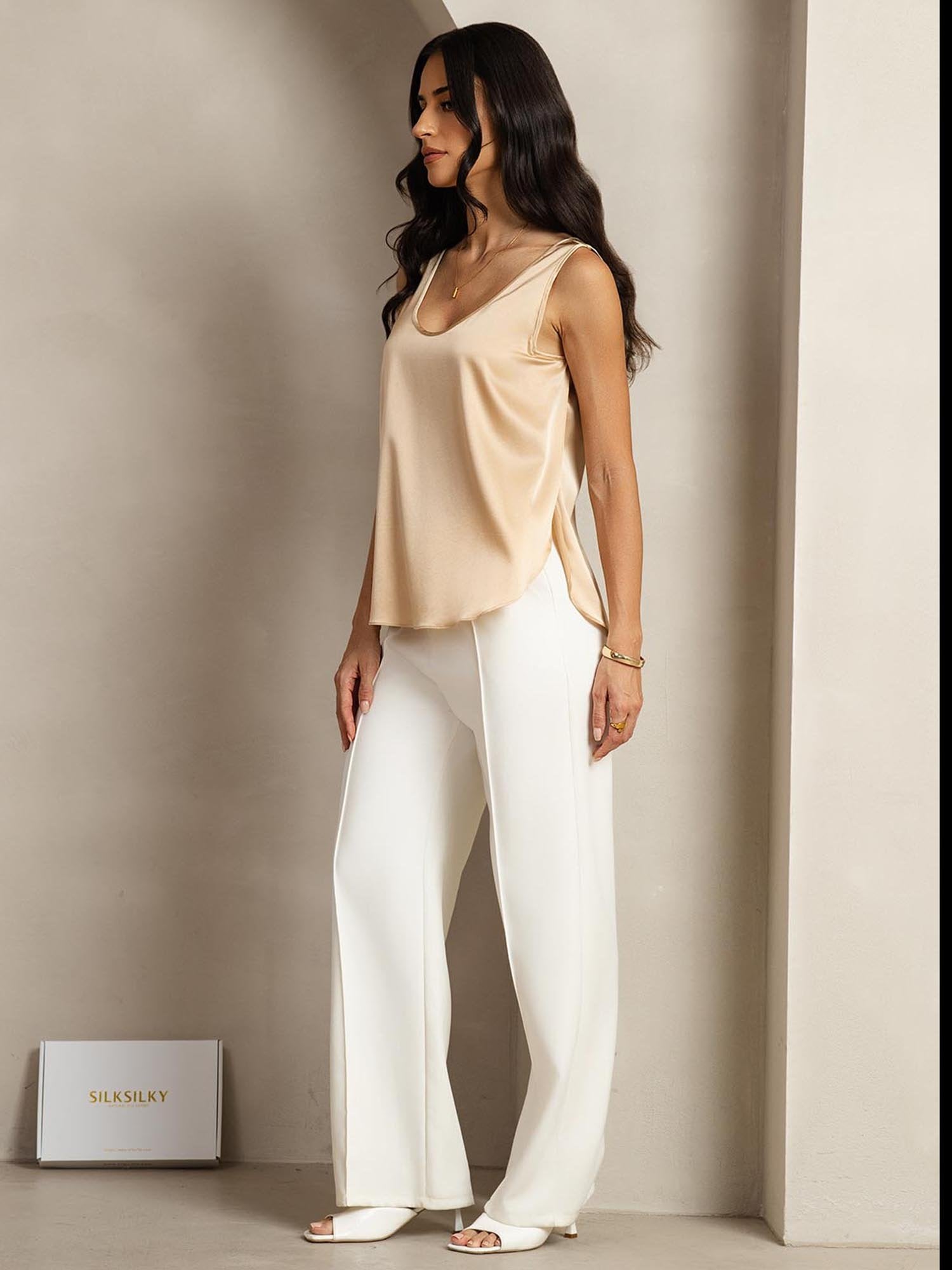 [Champagne] SilkSilky-DK 19Momme Silke Split T-shirt til kvinder 003