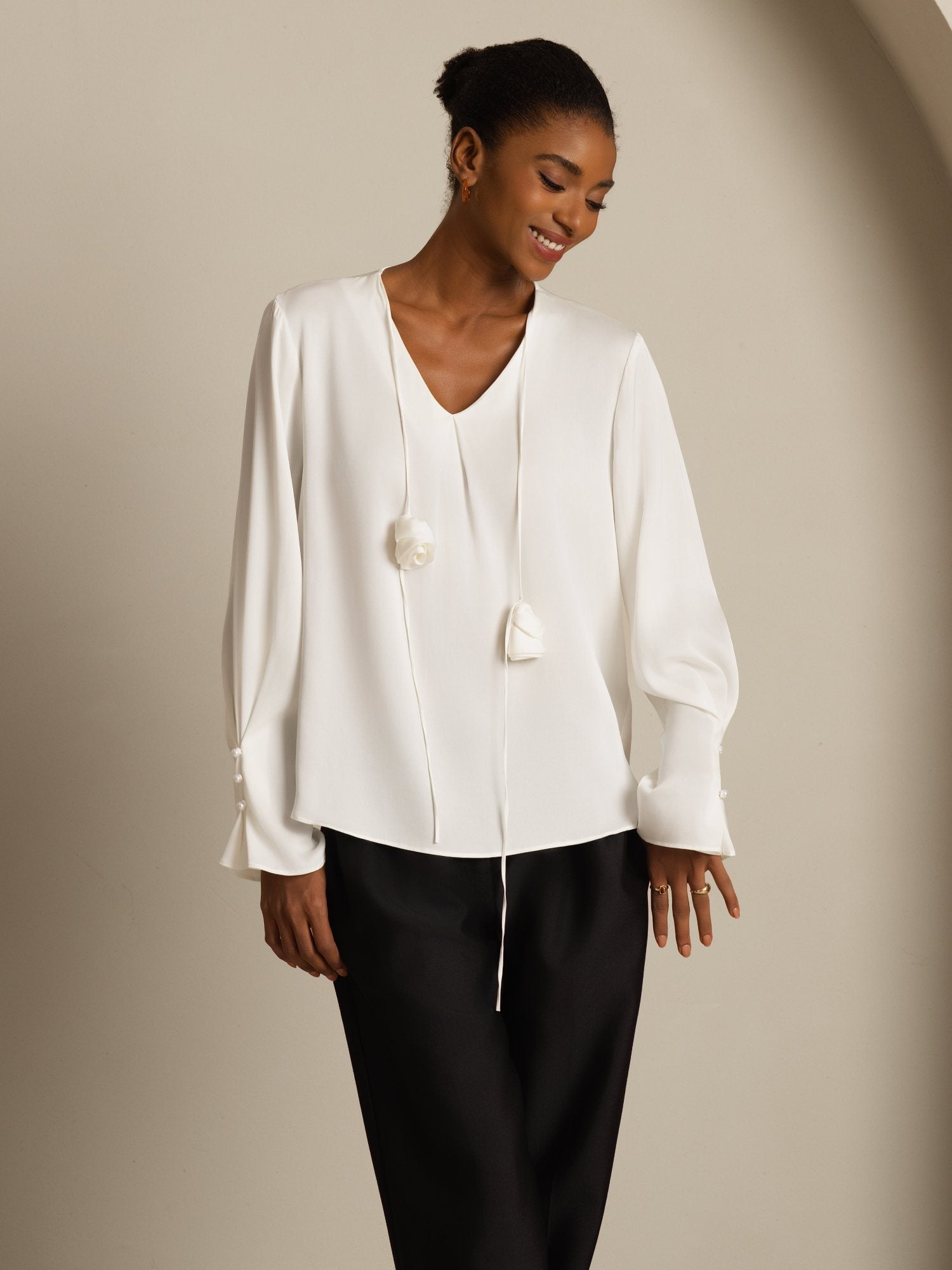 [Hvid] SilkSilky-DK 19Momme Silke Langærmet V Hals Bluse 005