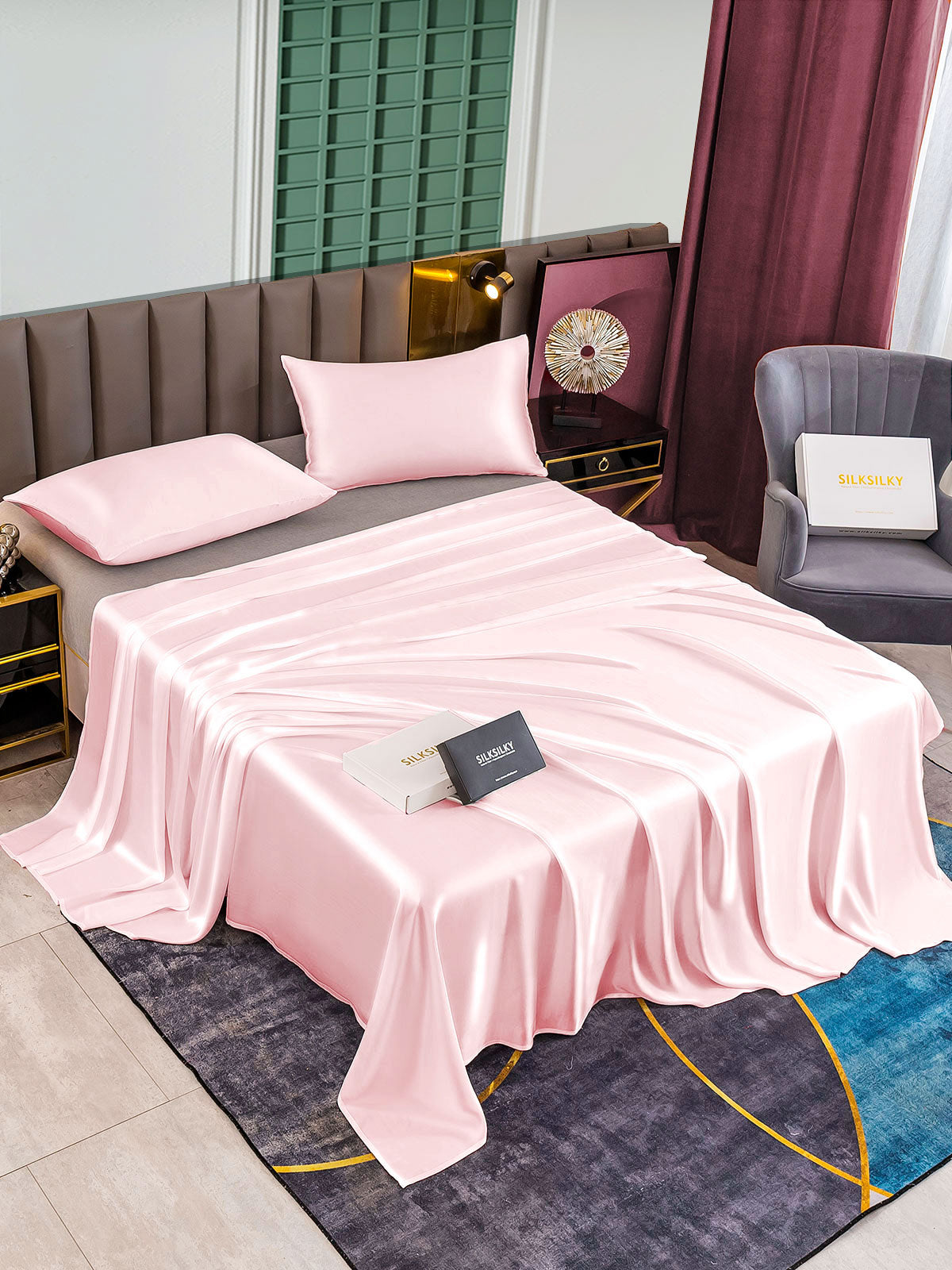 [Lyserød] SilkSilky-DK 25Momme Bedding Set 002