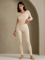 [Beige] SilkSilky-DK Long Sleeve V Neck Dame Lange Underbukser 006