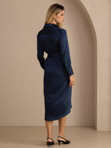[Mørkeblå] SilkSilky-DK Long Sleeve Lapel Collar Kjole 002