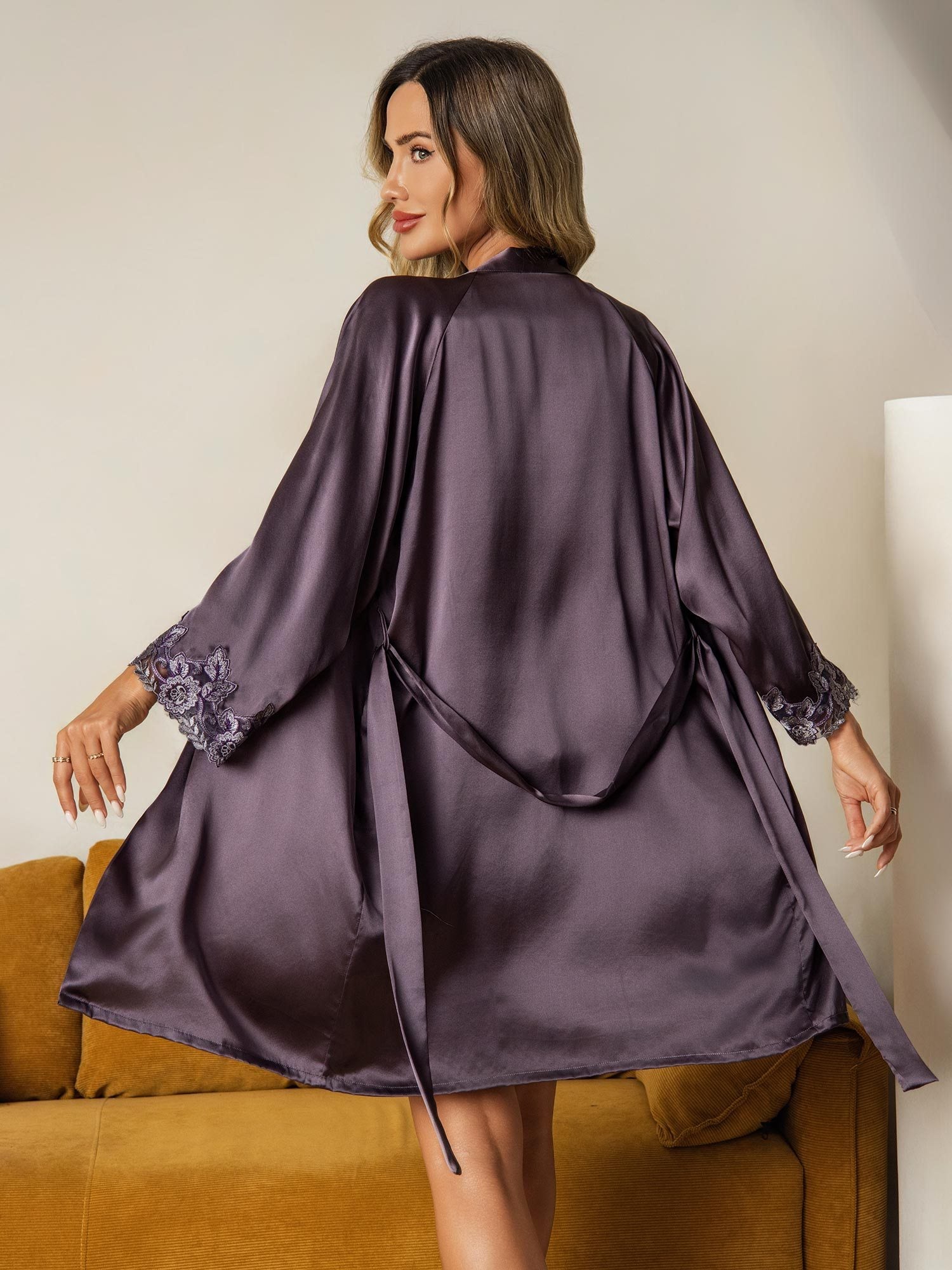 [LillaGrå] SilkSilky-DK Silke Wrap Natkjole & Morgenkåbe Sæt 003