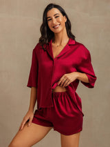 [Vin] SilkSilky-DK 19Momme Halv ærme Notchkrage Dame Pyjamas 006