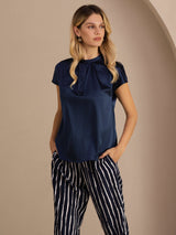 [Mørkeblå] SilkSilky-DK Short Sleeve Blouse 004
