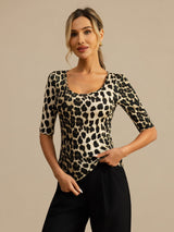 [Leopard] SilkSilky-DK Halv ærme Dyb Rund Halsudskæring T-shirt til kvinder 001
