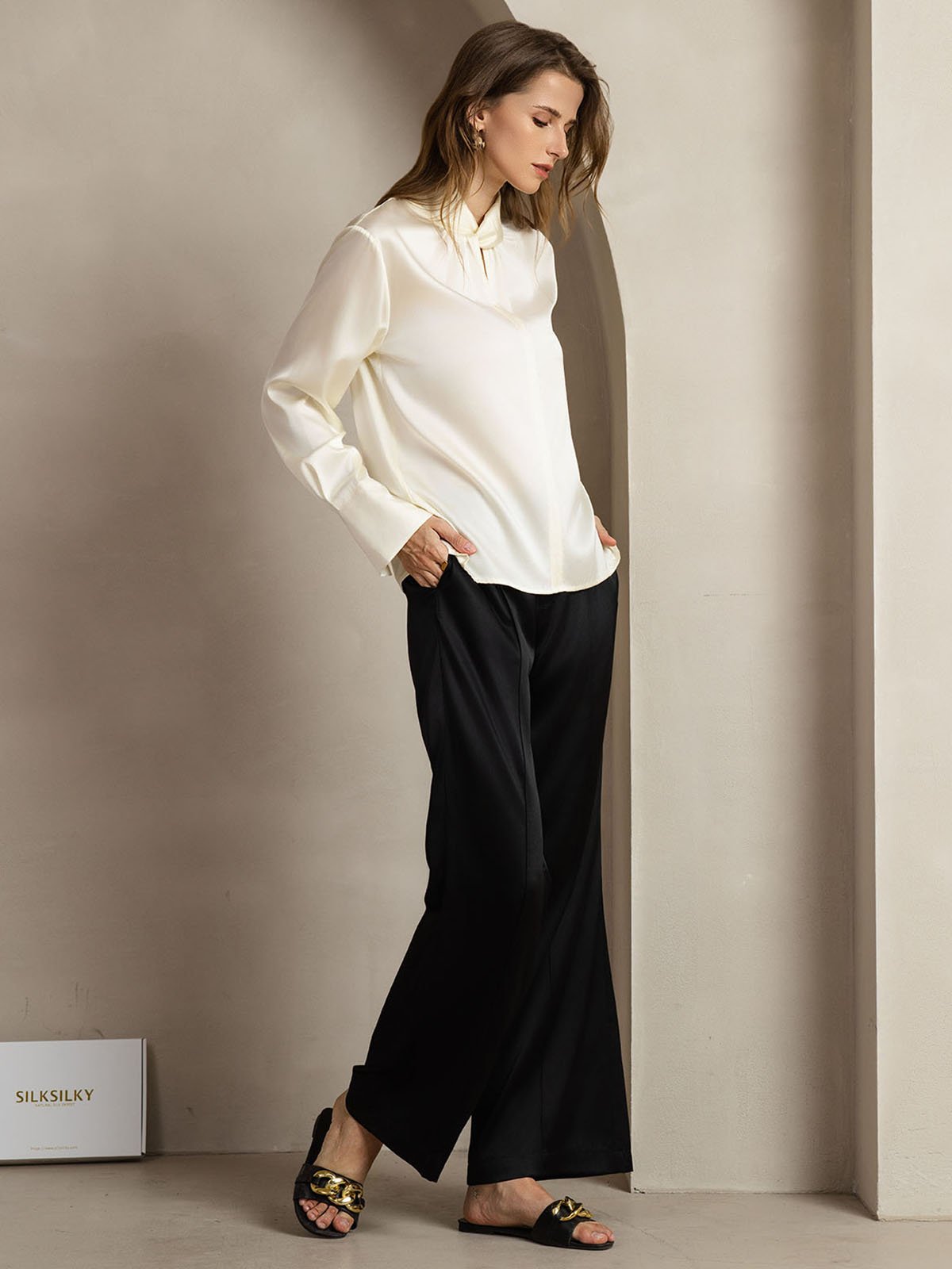 [Elfenben] SilkSilky-DK 19Momme Silke Womens Shirt 011